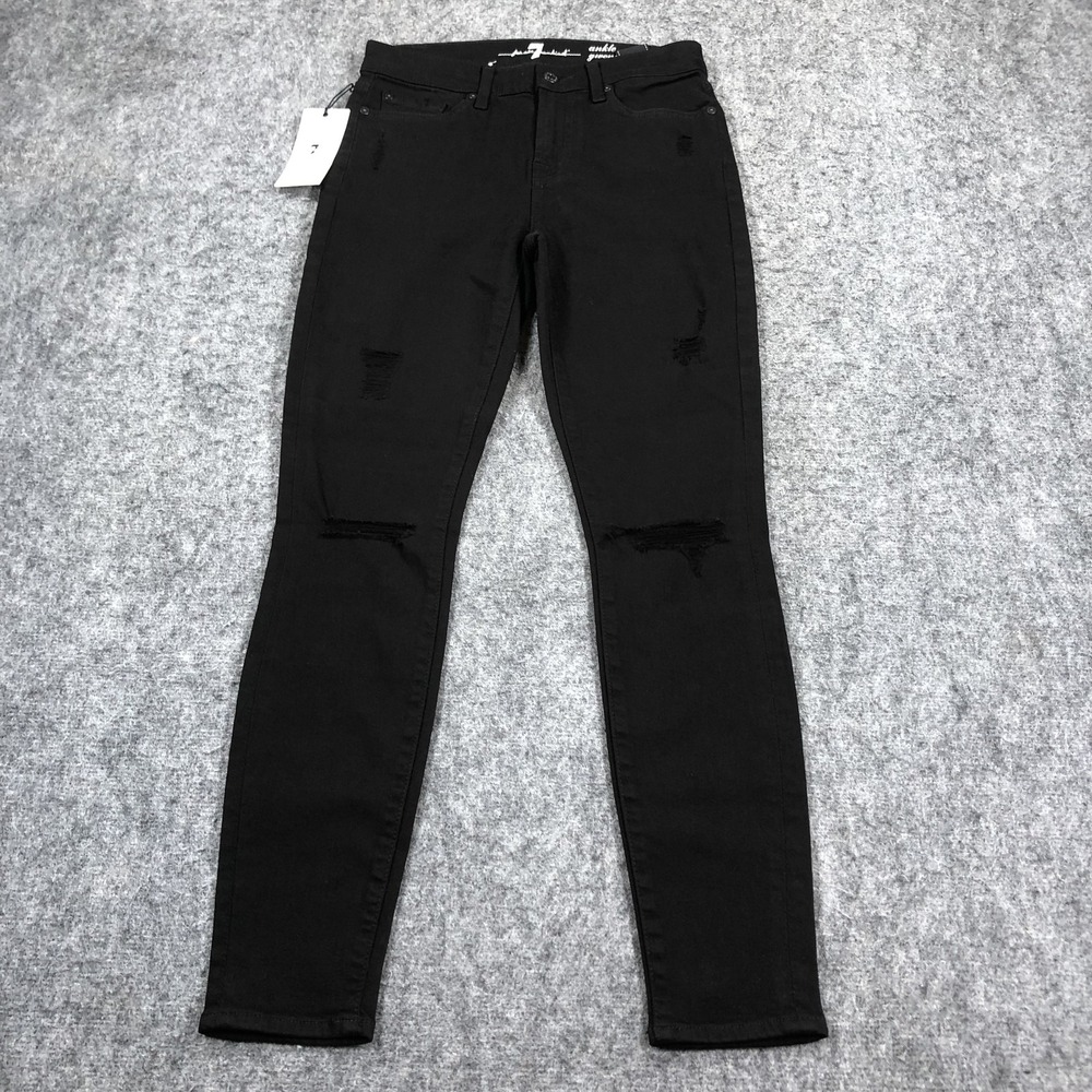 7 For All Mankind Gwenevere Jeans Womens 26 Black Mid Rise Skinny Distressed Den